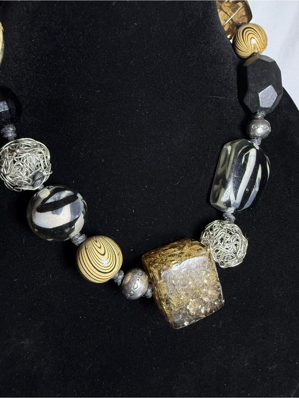 Chunky Yellow Black Mixed Media Statement Necklace Artisan Boho Resin Cube